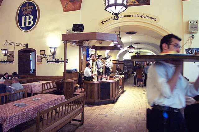 The inside of the Hofbräuhaus with the HB-Festkapelle band playing.
