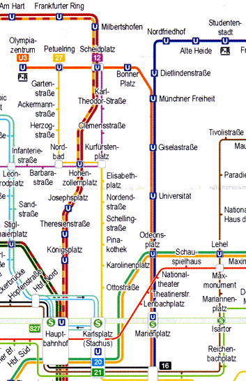 The central part of the Munich subway map.  Our hotel was just north of Münchener Freiheit.