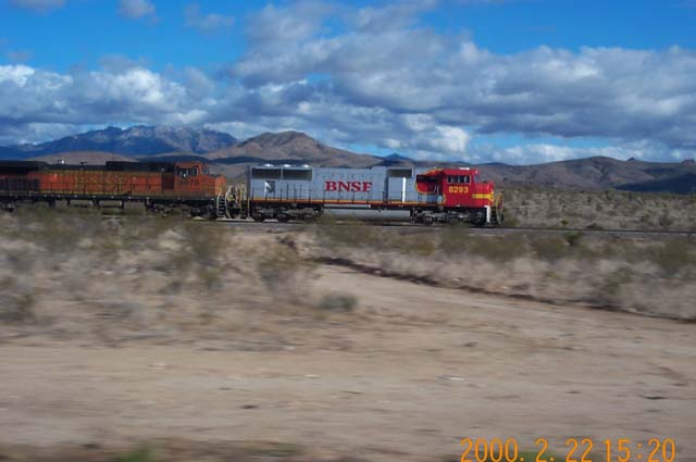A Burlington Northern Santa Fe freight train traveling at 72 mph just south of Kingman, Arizona.